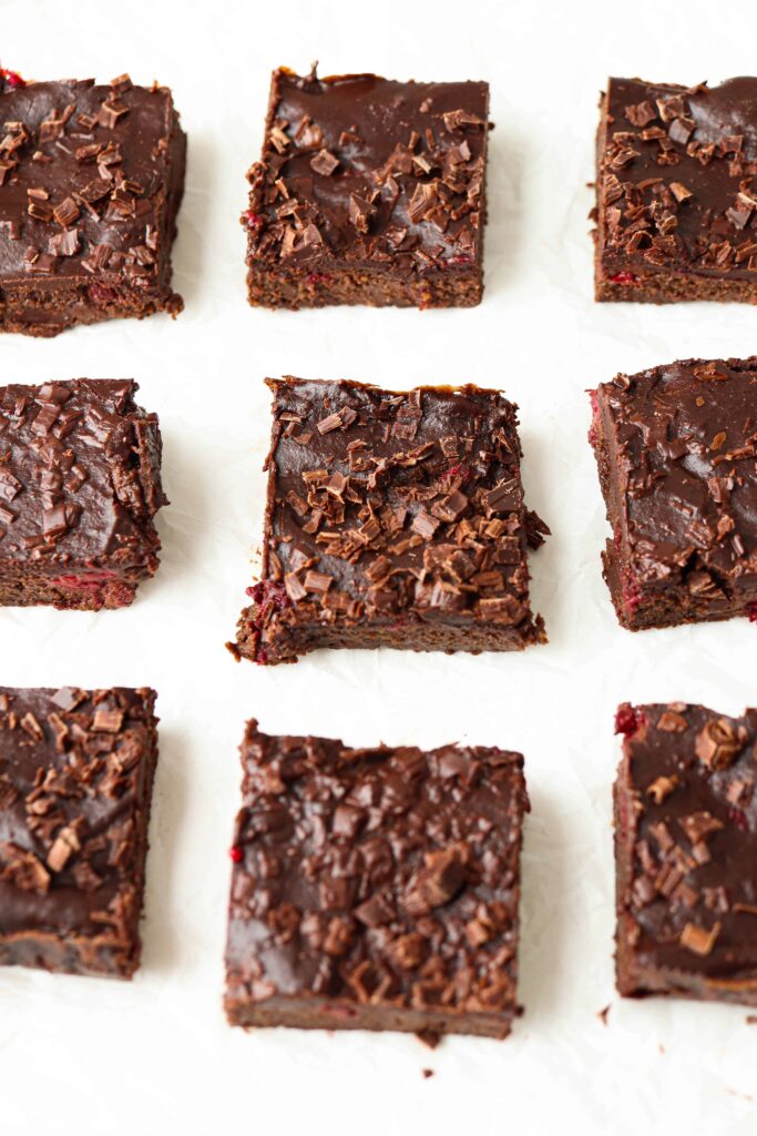9 brownie pieces on white background