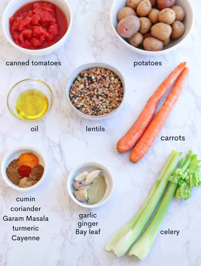 lentil soup ingredients on a counter with captions