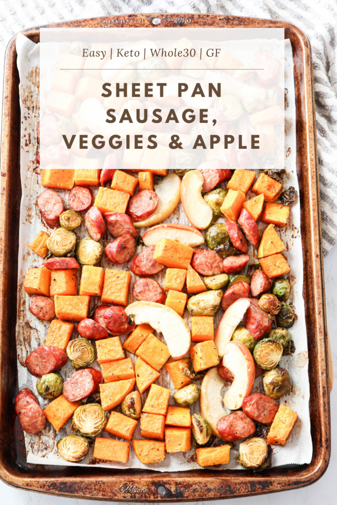 sausage sheet pan dinner with a caption on top