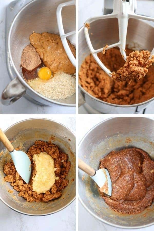 four steps of making flourless peanut butter banana cookies