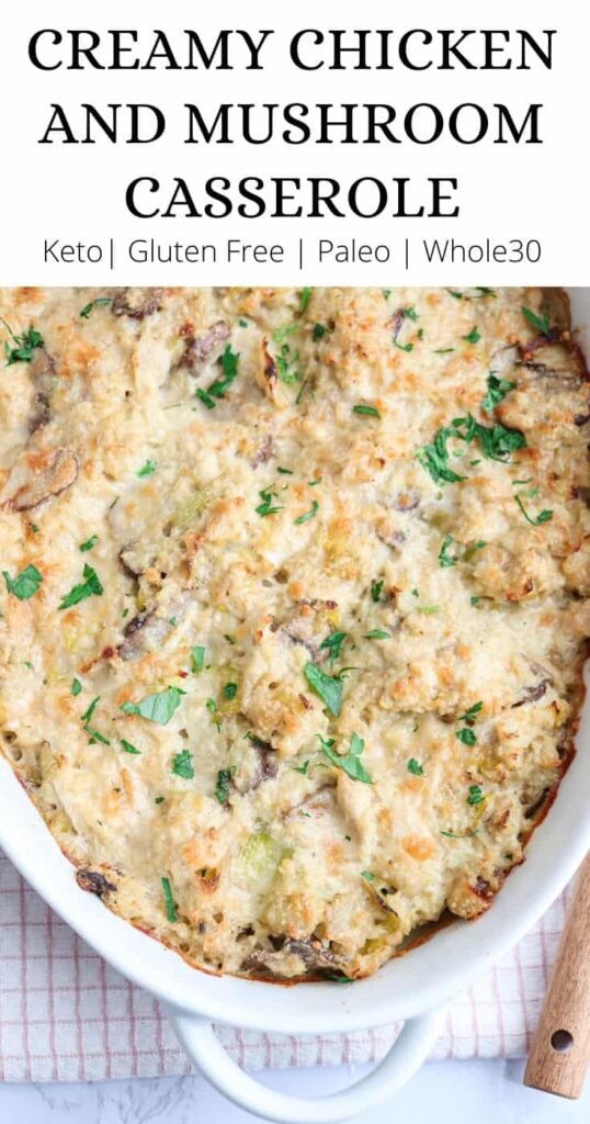 chicken and cauiflower rice casserole with text overlay on top