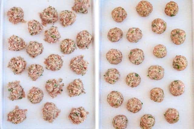 meatballs on a white tray side by side, unrolled and rolled