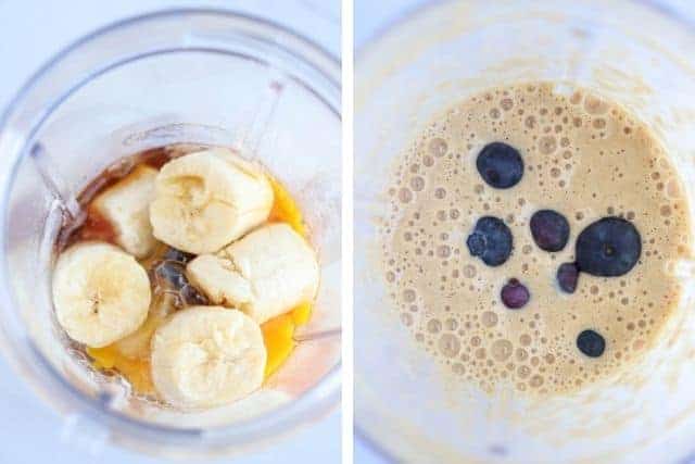 two stages of making banana oats in a blender before and after blending