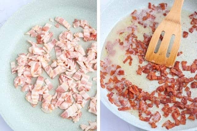 bacon before and after cooking on a blue skillet side by side