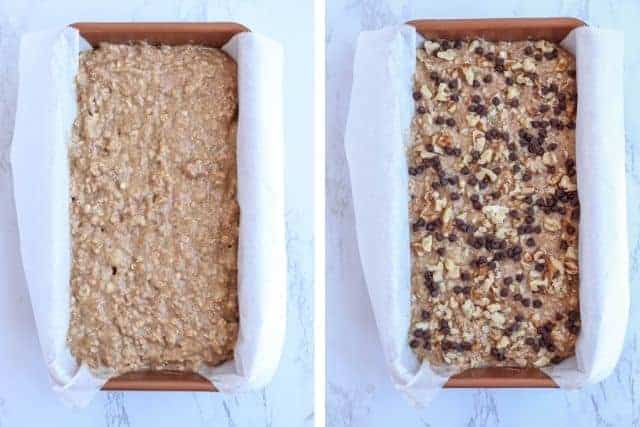 banana bread batter in a loaf pan before and after decorating the top with chocolate chips and nuts.