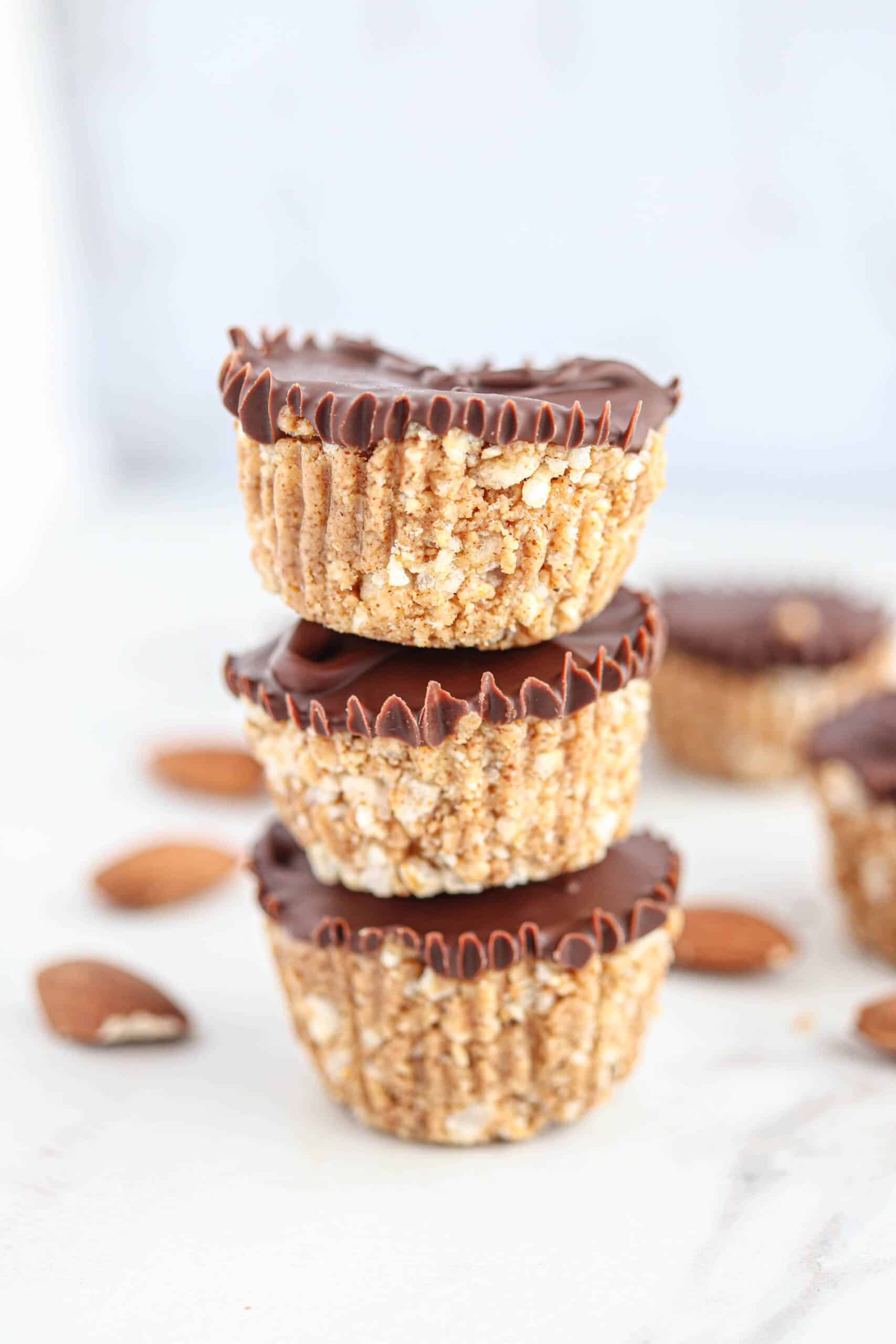 three almond butter brown rice cups with chocolate