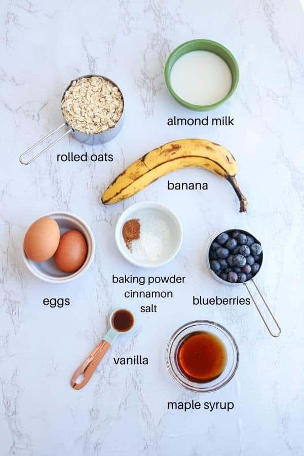 ingredients for making banana blueberry baked oats with captions.