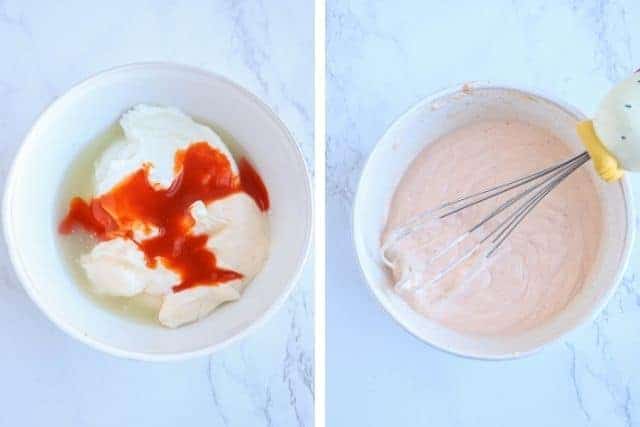 2 steps of making creamy spicy sauce side by side