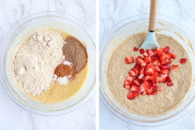 steps for making banana strawberry oat muffins. 