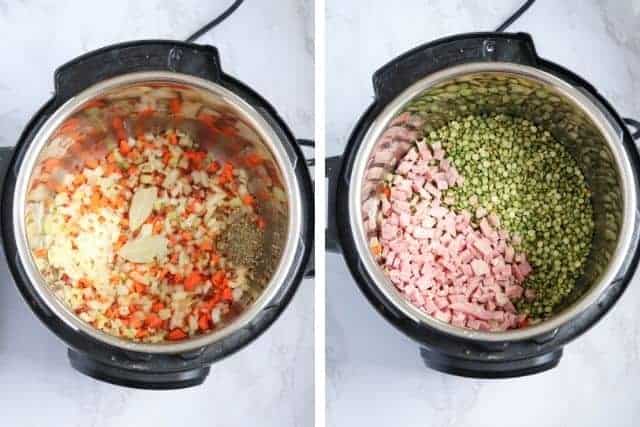 side by side photos of carrots, onions, celery and herbs on the left and peas and ham on the right in an Instant Pot