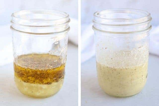 2 side by side photos of Greek salad dressing in a jar before and after blending