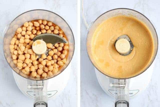 two side by side photos of chickpeas and maple syrup in a food processor before and after blending.