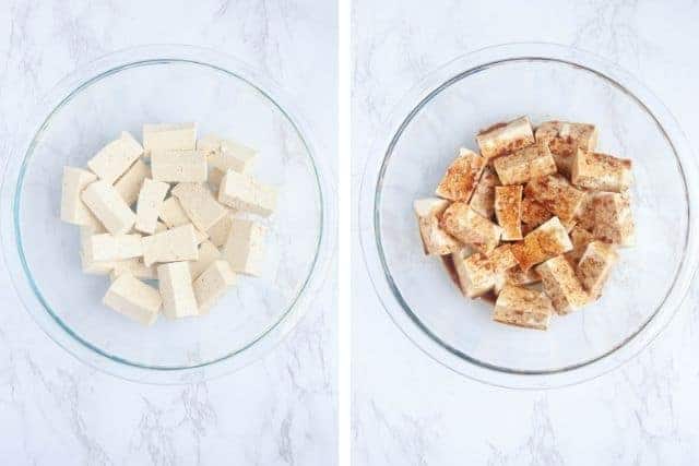 marinading tofu in a glass bowl in two steps.
