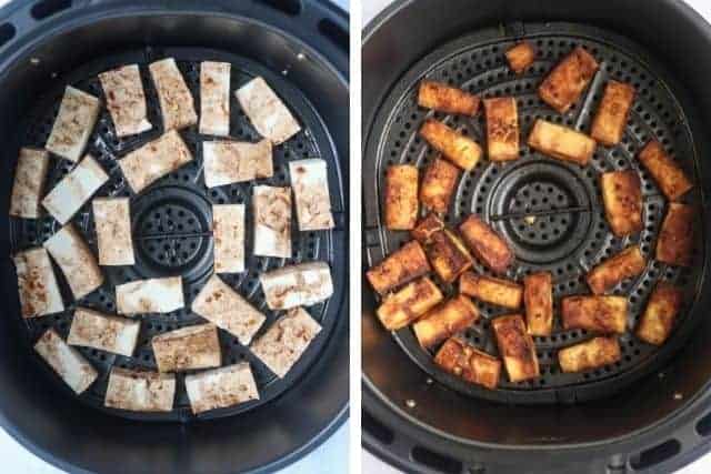 air fruing cubed tofu in two steps.