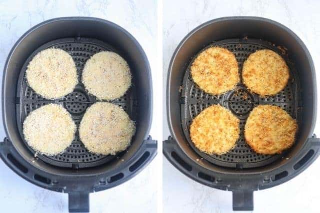 breaded eggplant slices before and after air frying.