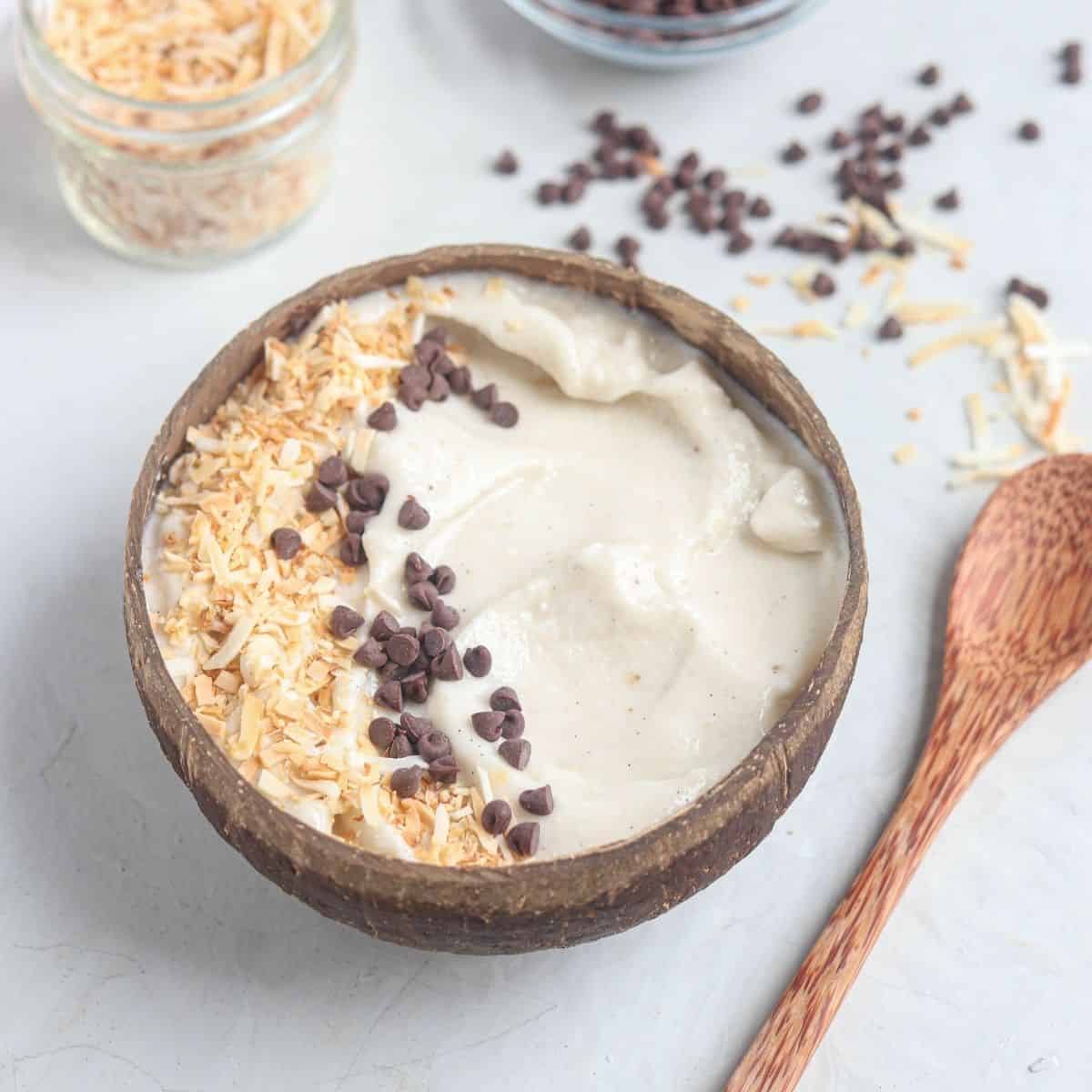 coconut shell bowl with coconut vanilla smoothie bowl topped with toasted coconut and choc chips