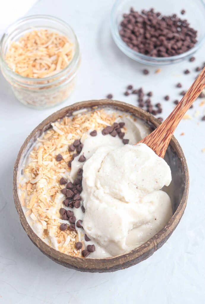 spoon scooping contents of vanilla coconut smoothie with chocolate chips and toasted coconut from a coconut shell bowl