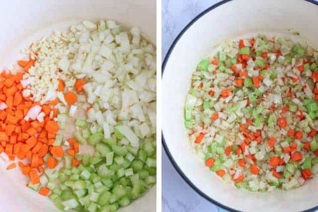 a Dutch oven with chopped carrots, onions, celery and garlic, before and after cooking