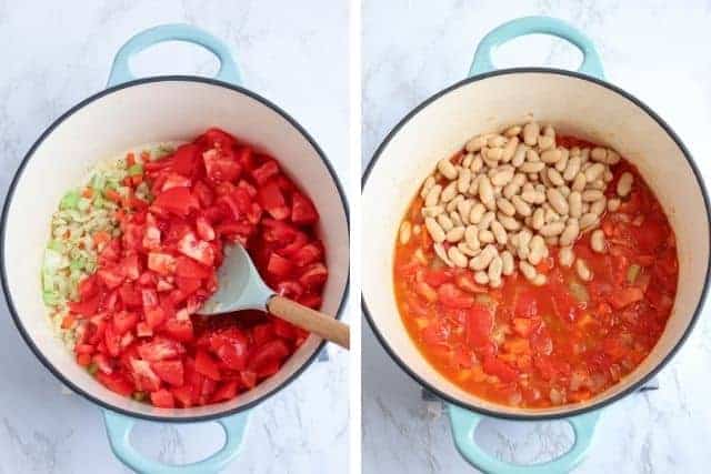 a Dutch oven with chopped veggies including fresh tomatoes on the left and the same Dutch oven with tomato soup and white beans
