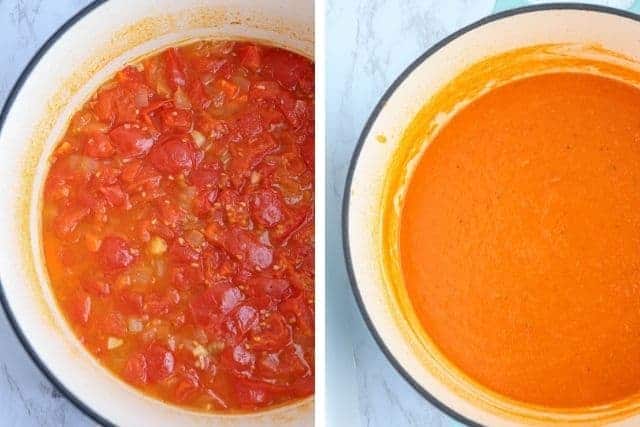 tomato white bean soup in a Dutch oven before and after blending
