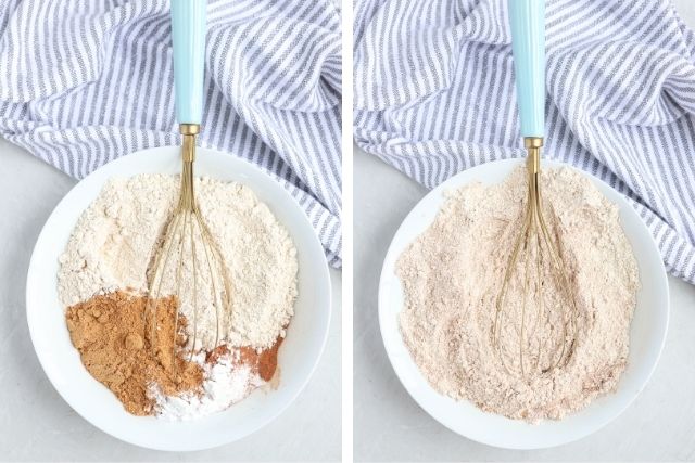 two steps of mixing banana carrot muffins dry ingredients.