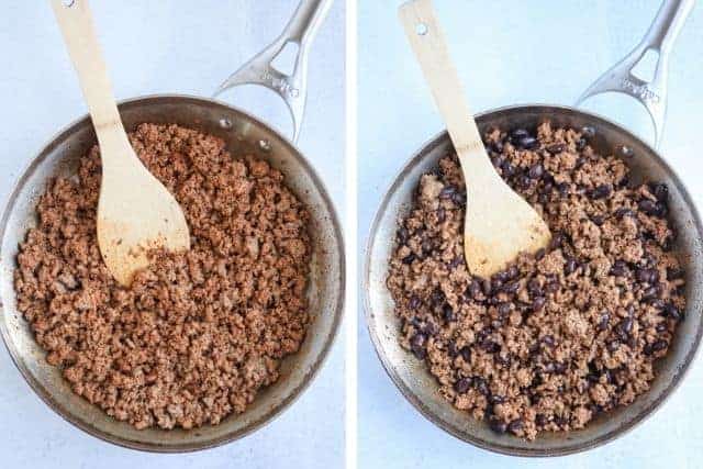 cooking ground turkey in a skillet before and after adding black beans