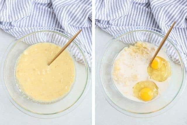 mashed bananas before and after adding eggs.