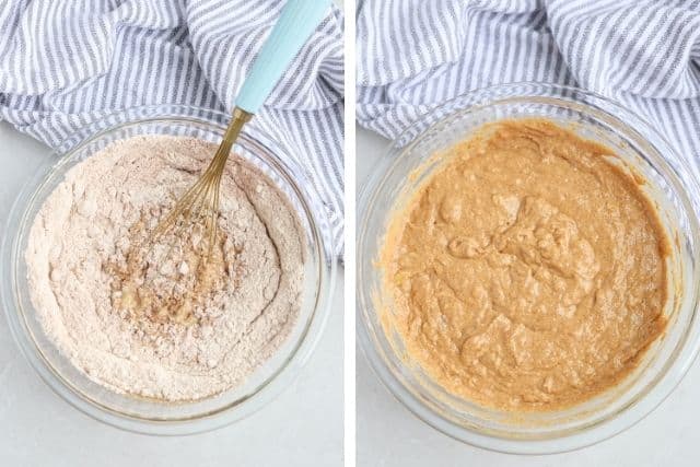 banana carrot oat muffin batter before and after mixing.