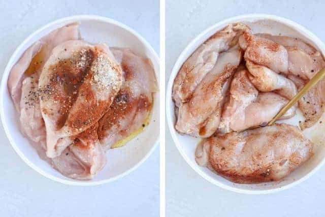 thinly sliced chicken breasts in a white bowl with spices and oil, raw, two process shots. 