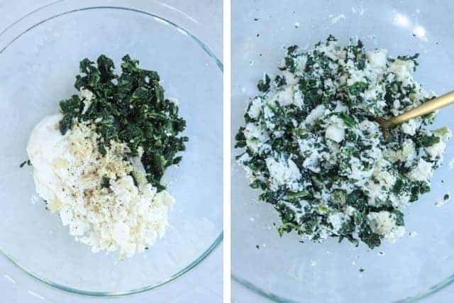 mixing spinach and ricotta cheese in a glass bowl in two steps.