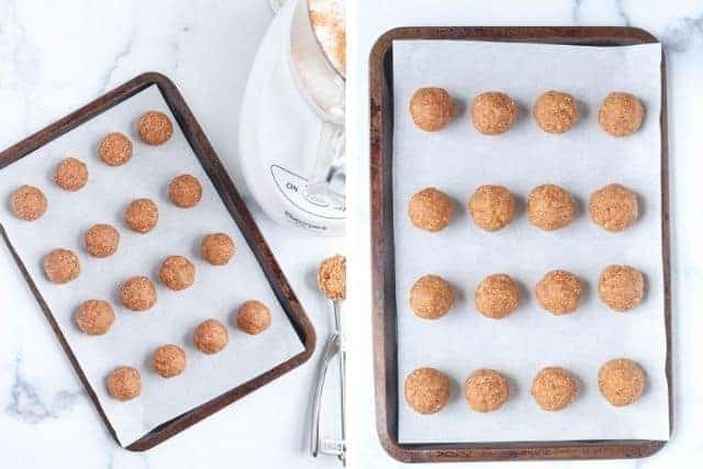 peanut butter balls on a paper lined baking tray in two photos.