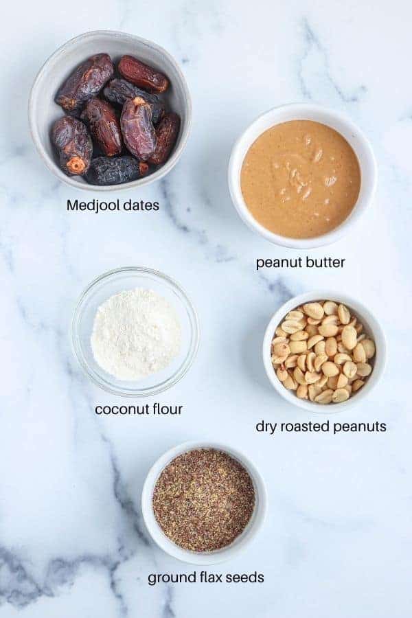 healthy peanut butter balls ingredients with captions.