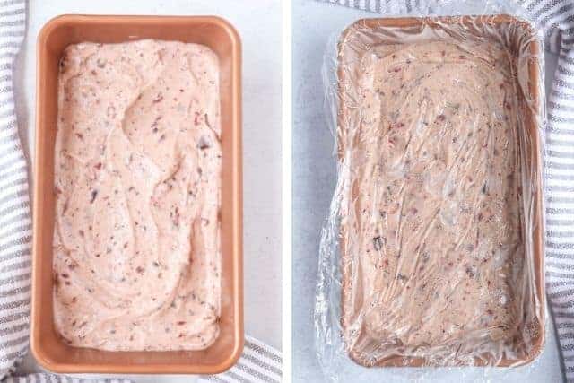 making cherry chocolate banana nice cream in a loaf pan in two steps. 