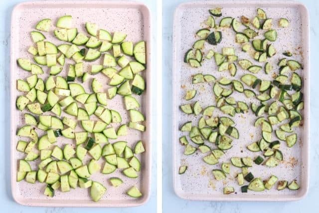 roasting zucchini on a baking tray, before and after