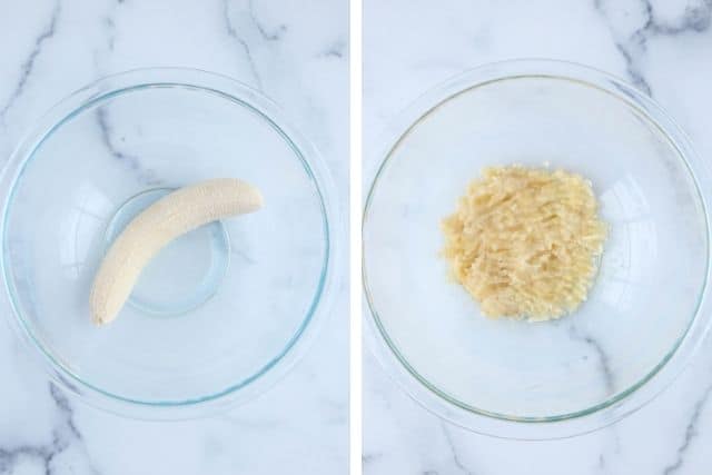 banana before and after mashing in a glass bowl