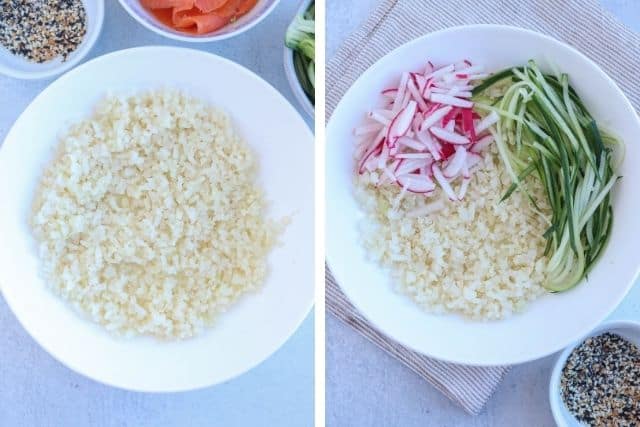 assembling a low carb sushi bowl with cauliflower rice.