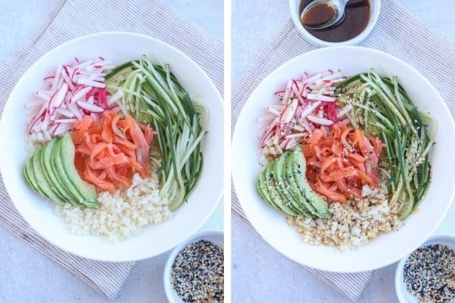 assembling a low carb sushi bowl with cauliflower rice and smoked salmon.