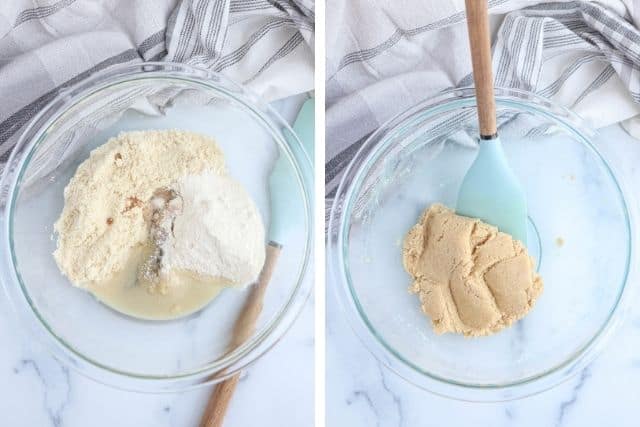 making vegan cookie dough in a glass bowl.