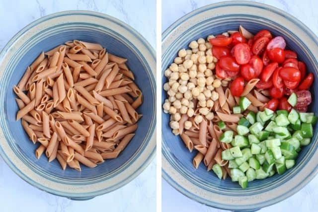 making lentil pasta salad in a blue bowl, before and after adding vegetables