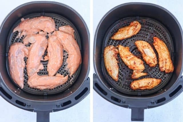 Buffalo chicken tenders air frying in an air fryer before and after cooking