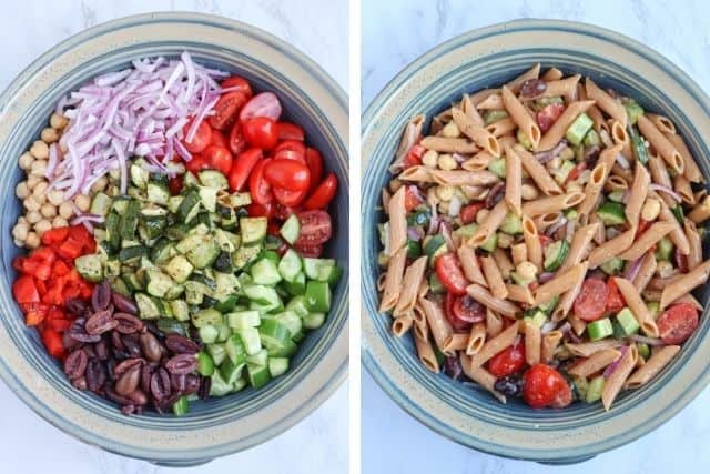 making lentil pasta salad in a large blue bowl, before and after mixing