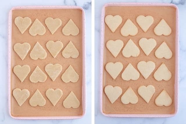 heart shortbread cookies before and after baking.