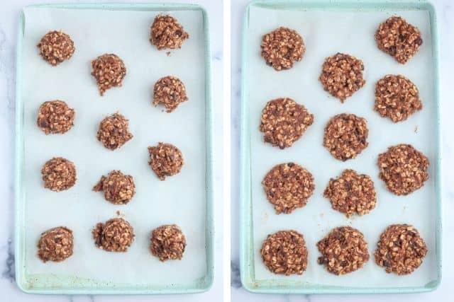 banana Nutella oatmeal cookie dough rolled into cookies on a light blue baking sheet