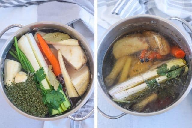 cooking bone broth with vegetables and chicken.
