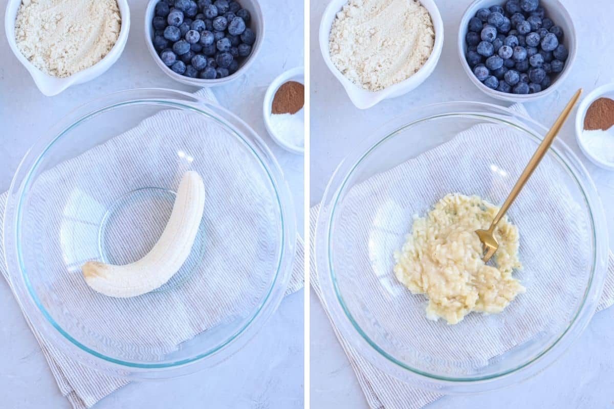 mashing banana in a bowl, before and after.