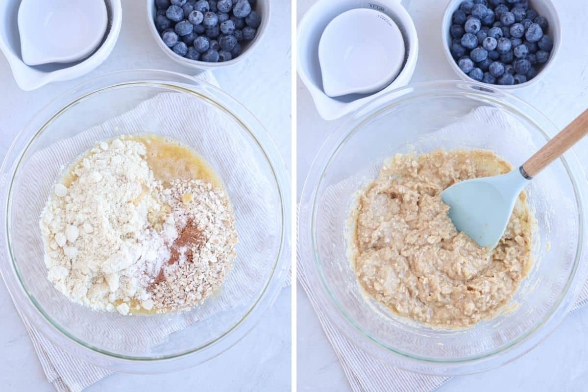 making banana blueberry oatmeal muffin batter in a glass bowl.
