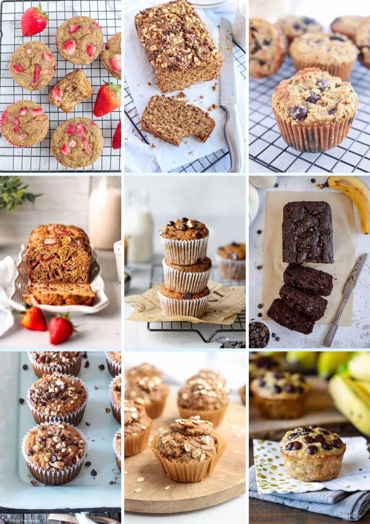 a collage of nine vertical photos showing different banana muffins and banana breads.
