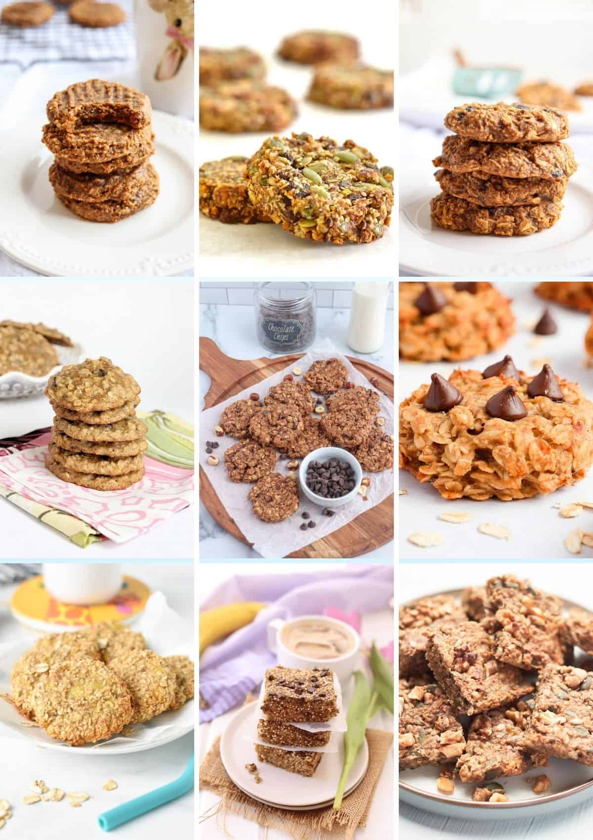 a collage of nine vertical photos showing banana based breakfast cookies.