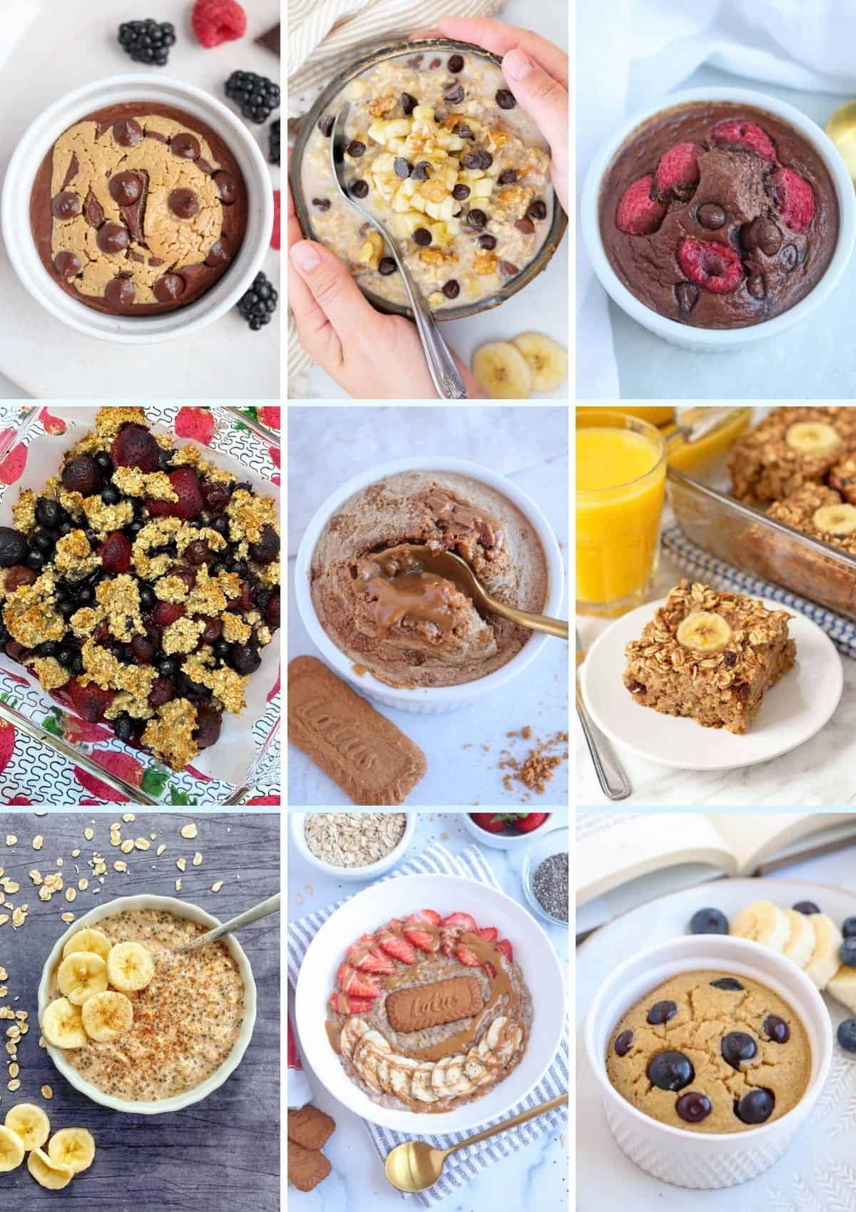 a collage of nine vertical photos showing baked oats and oatmeal recipes using banana.