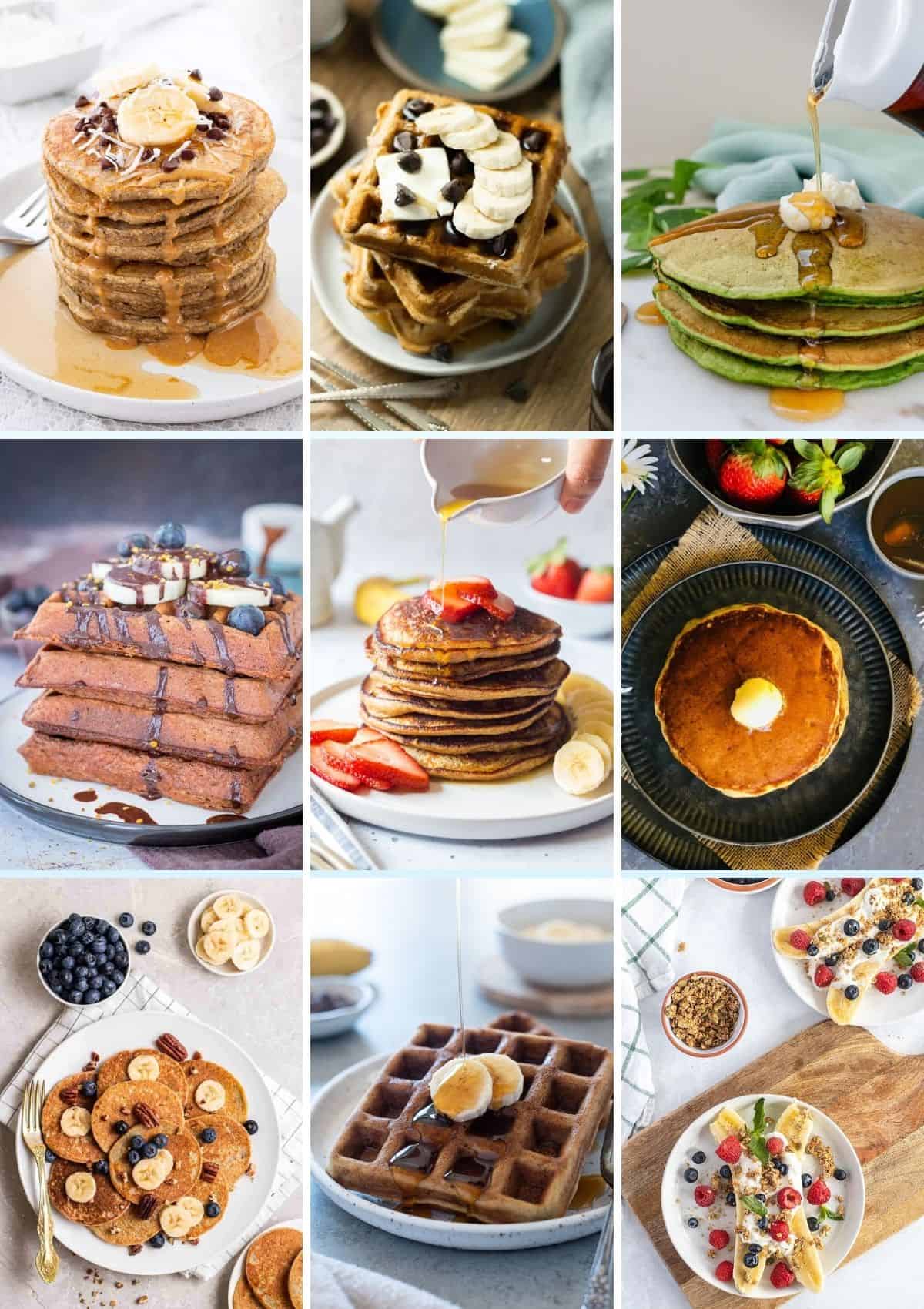 a collage of nine vertical images showing healthy banana based pancakes and waffles.